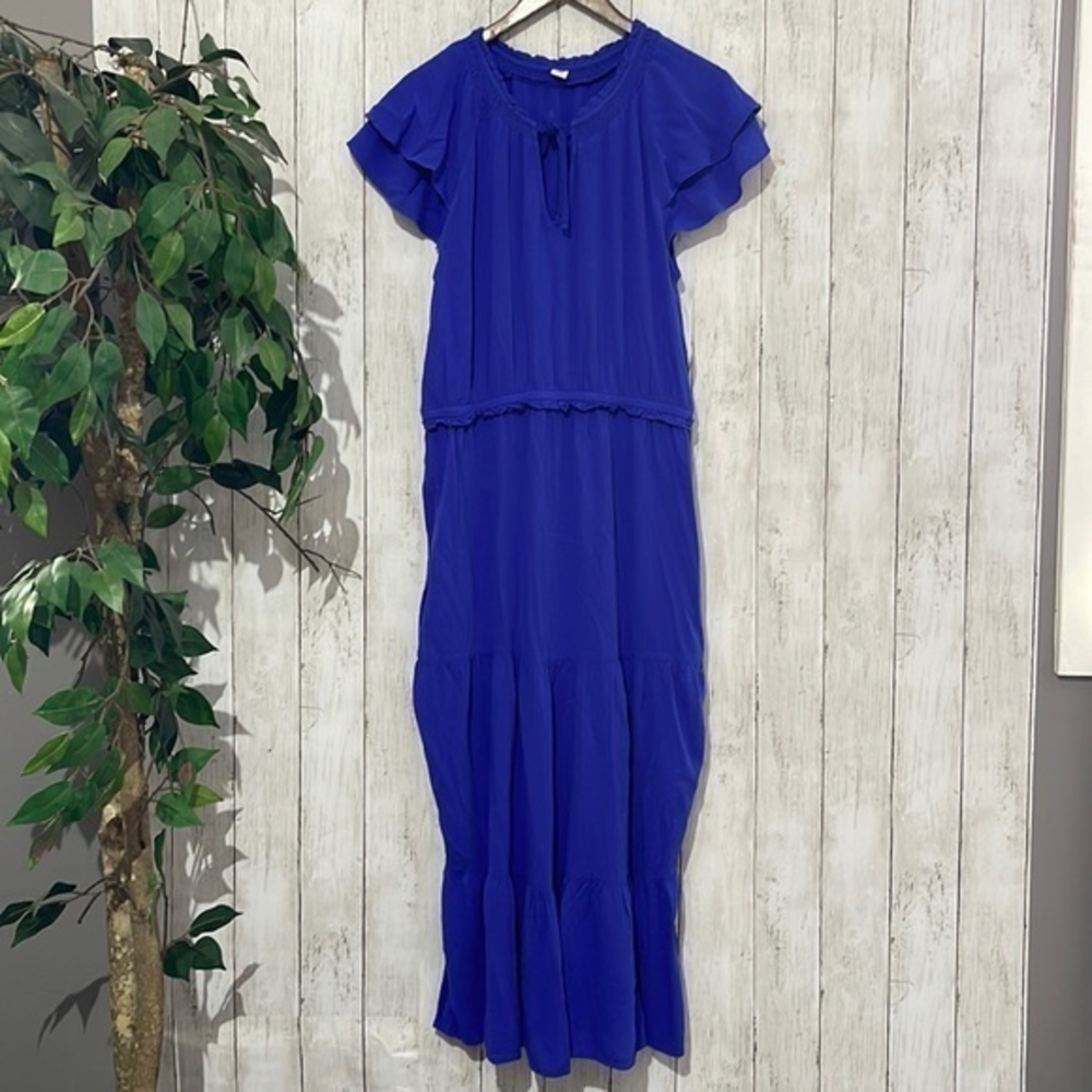 Old Navy Women's Blue Tiered Maxi Dress Size‎ L Flutter Sleeve Tie Neck